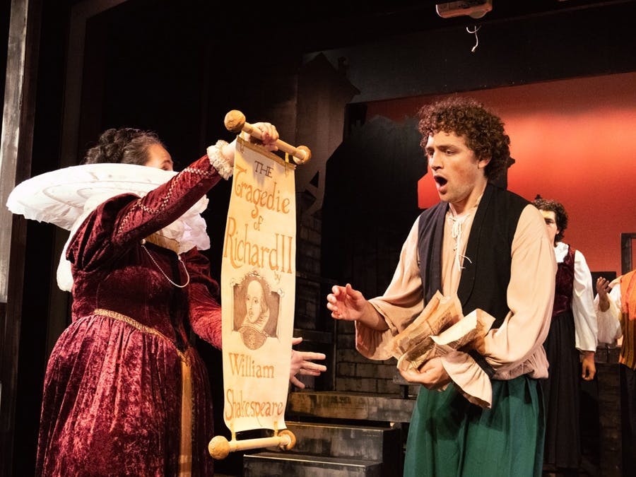 Production of Something Rotten featuring Nick Bottom gasping at scroll showing Shakespeare is producing Richard III	